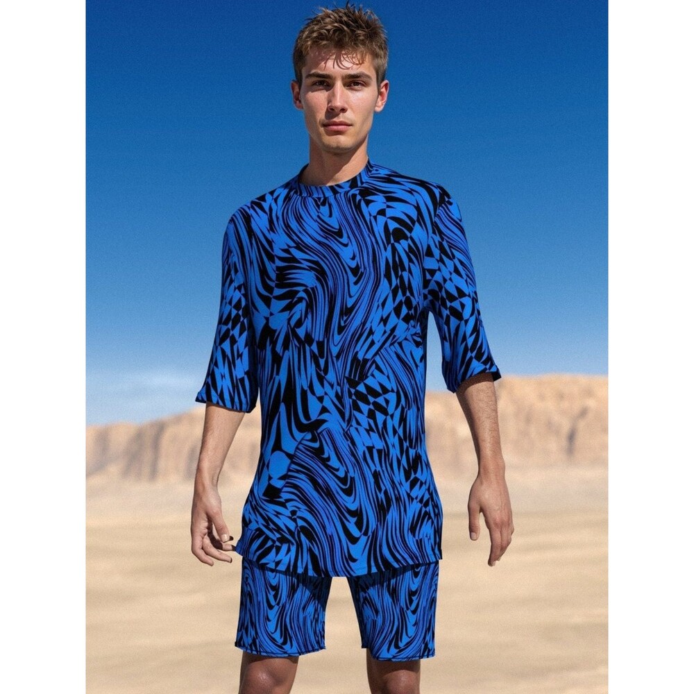 Nwot Candy Catz Refracted Rave Set Blue/Black Size Large Abstract Shorts Shirt